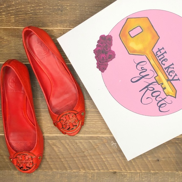 Tory Burch Shoes - Tory Burch Amanda Logo Peep Toe Low Wedges in Red